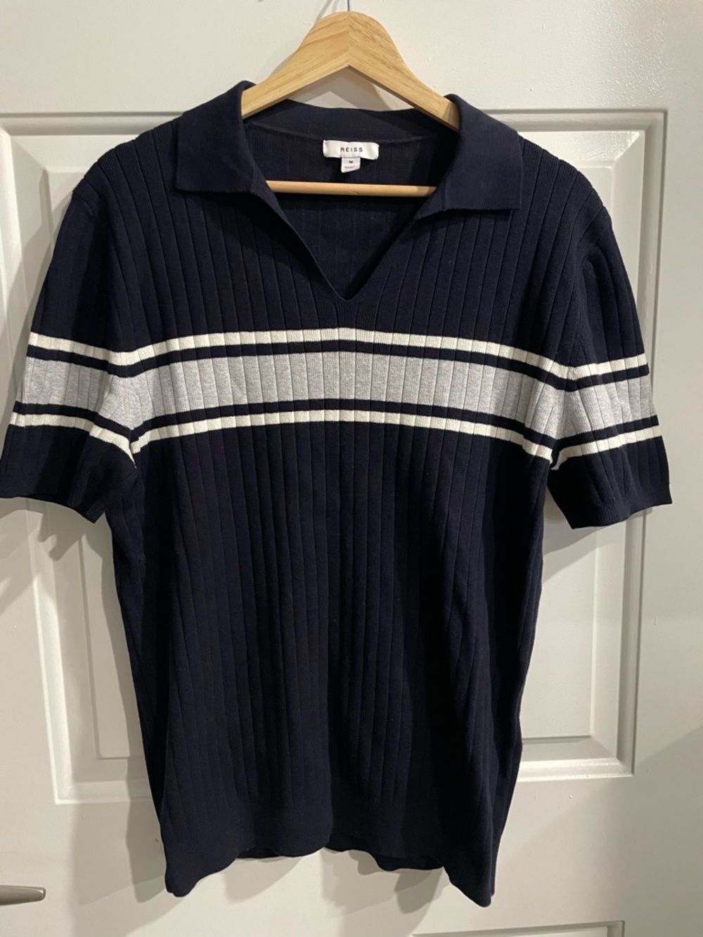 Reiss Navy Ribbed Short-Sleeve Polo with White Stripes